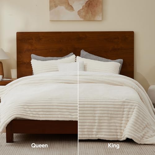 BEDELITE Fleece Queen Comforter Set -Super Soft & Warm Fluffy Cream White Bedding, Luxury Fuzzy Heavy Bed Set for Winter with 2 Pillow Cases