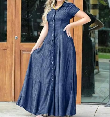 Rfmfkkg Women's Solid Color Denim Shirt Dress Lapel Button Long Dress Swing Loose Short Sleeves Dress2