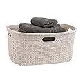 Mind Reader 40L Laundry Basket, Clothes Hamper, Lid, Wicker Design, Plastic, 23"L x 14.25"W x 11"H, Ivory