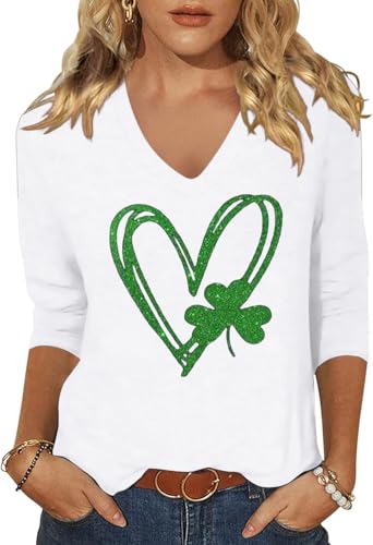 Image of Woffccrd Womens 3 /4 Sleeve V Neck T-Shirts Valentina's Day Spring Shirts Love Heart Printed Graphic Tees