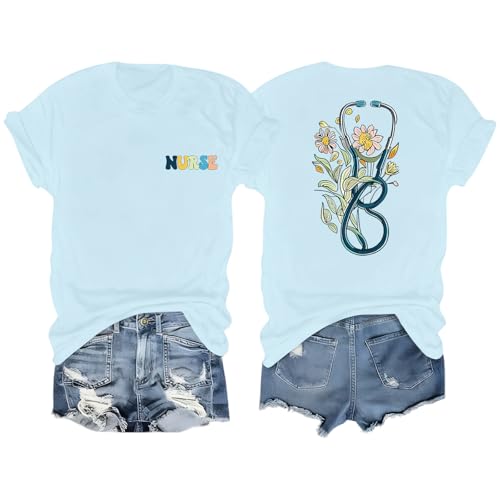 Migxsaf Nurse Graphic Shirts for Women Boho Floral Nurse Life T Shirt Stethoscope Oversized Graphic Tees Nurses Day Gifts(Light Blue,L)