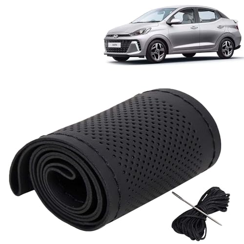 Image of KINGSWAY PU Leatherite Car Steering Cover Sewable Compatible with Hyundai Aura (Year 2023 Onwards), Black Color with Black Thread, Pack of 1 with Sewing Needle and Thread