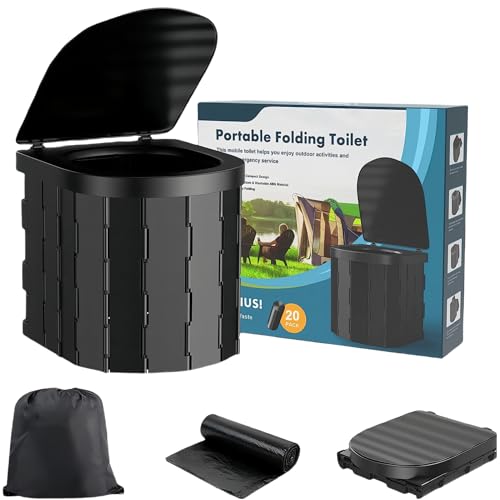 Collapsible Portable Toilet for Adults - Extra Tall Camping and Travel Toilet with Lid and Carry Bag for Car Emergencies (20 Cleaning Bags)