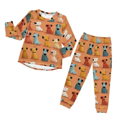 Long Sleeve Pajama Set for Girls Boys,Colorful Dogs Sitting Pattern Comfy Crewneck Sleepwears,Soft Kid's Homewear Clothes Underwear Sets 4T
