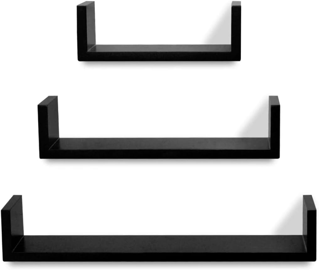 3 Black MDF U-Shaped Floating Wall Display Shelves,Plant Shelve,Camera Shelve,Kitchen Shelves,Modern Shelves,Wall Decor,for Home,Office,Bedroom,Bathroom,Kitchen or Games Room,Book/DVD Storage