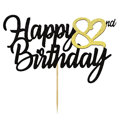 Happy 82nd Birthday Cake Toppers Glitter 82nd Anniversary Cake Topper 82 Years Loved Bday Decorations 82 Gold Birthday Cake Decorations Eighty-two Party Supplies for Women Men(Black Gold)
