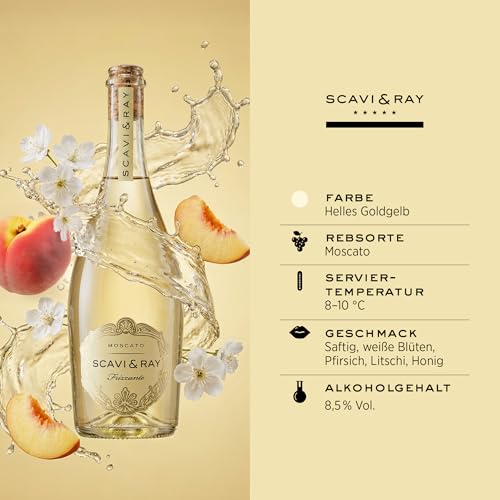 SCAVI & RAY Geschenkset – Moscato Frizzante mit Designglas – 0,75L, 8,5% Vol. Alkohol, Leichter Perlwein mit fruchtiger Süße – Edles Präsent für stilvolle Anlässe