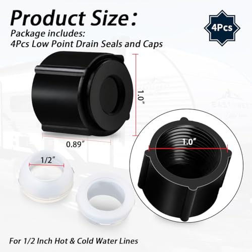 Image of 4Pcs Low Point Drain Seals and Caps Compatible with RV /Camper /Travel Trailer- 1 /2 Inch Hot & Cold Water Lines (4)