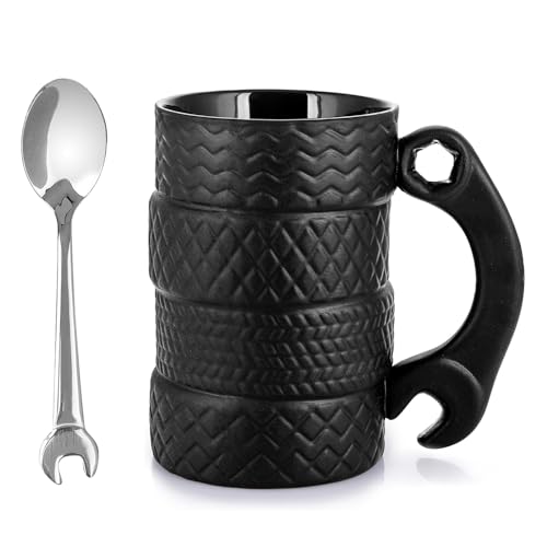 Nzkeuf Coffee Mug with Wrench-Shaped Handle & Includes Stirrer Tyre Mug in Unique Industrial Design Durable Ceramic Gift to Fathers Day Coffee Car and Mechanic Fans