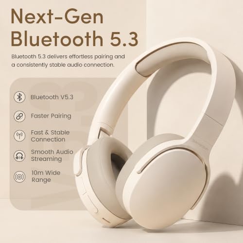 Image of GameSir BeatXtra Wireless Stereo Bluetooth Headphones V5.3, Over Ear Foldable Headset with 40mm Drivers, Soft Cushioned Ear Pads, Built-in Mic, AUX Input, 10M Wireless Range, Teen & Adults (Beige)