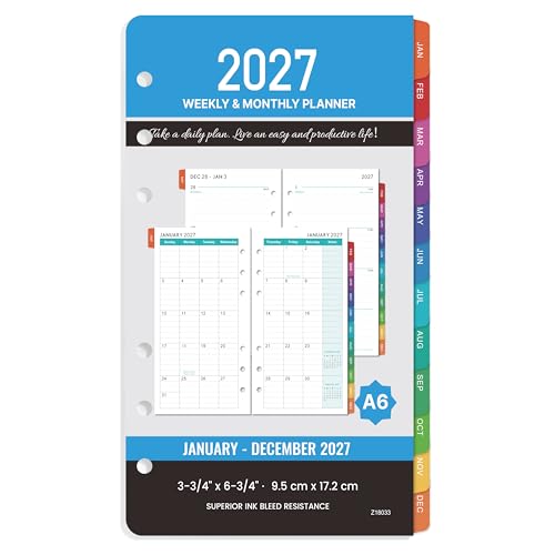 Recambios para agenda 2027 de 6 agujeros tamaño 4x7 pulgadas mensual y semanal