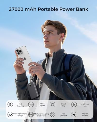 Power Bank Fast Charging 27000mAh, 22.5W Portable Charger(USB-C Input & Output), PD 3.0 QC 3.0 External Mobile Phone Battery with LED Display Compatible with iPhone 17 16 15 14 13 12 Pro Max and More - Image 5