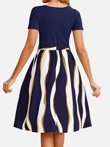 Women's Summer Casual Elegant Vintage Stripe V Neck Short Sleeve Work Party A-Line Knee-Length Dress with Belt D8242