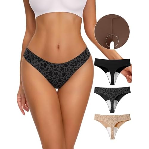 NIASOUL Thongs for Women Seamless Thong Panty Liners No Show Breathable G-Strings Workout Underwear 3p-2p Black+1p Skin X-Small