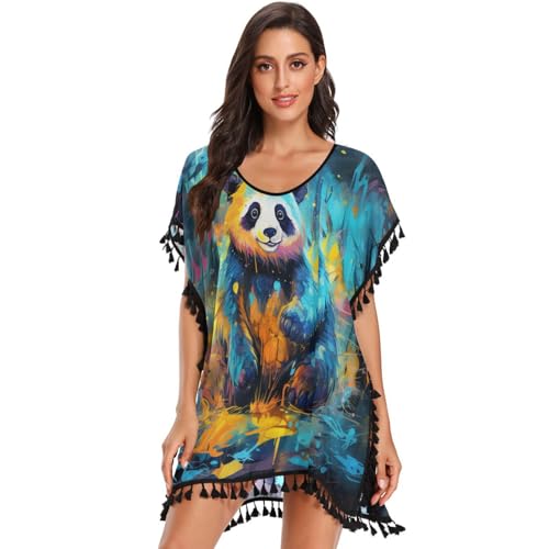 Watercolor Art Panda Women's Beach Cover Up Chiffon Tassel Swimwear Swimsuit Coverups for Girl