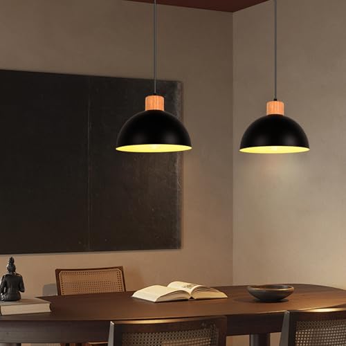 iDEGU Set of 2 Retro Pendant Light Fixtures E27 Ceiling Light Modern Scandinavian Style 25cm Hemisphere Hanging Lampshade Metal Wood Pendant Light for Bedroom Dining Room Kitchen Restaurant (Black) - Image 3