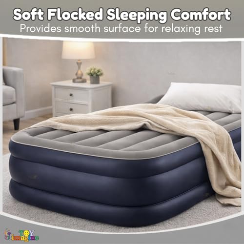 Image of Toy Imagine Fiber-Tech Deluxe Air Mattress Single Bed (39 x 75 x 16.5 Inches) Raised Inflatable Airbed with Built-in Pillow & Electric Pump | Soft Flocked Sleeping Surface