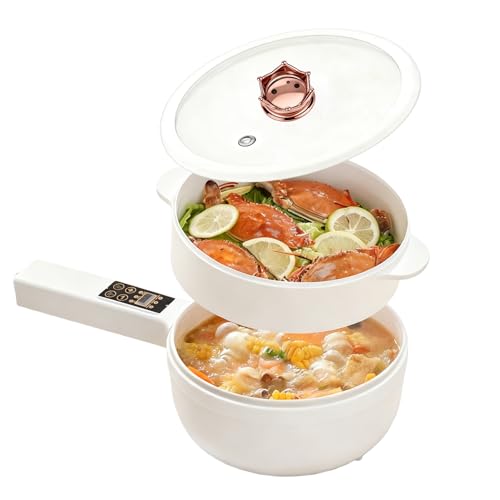 Olla eléctrica con vaporizador, olla caliente eléctrica de 1,6 L, mini multicocina antiadherente, mini sartén eléctrica, función de programación, cocina ramen rápida para el hogar, oficina o