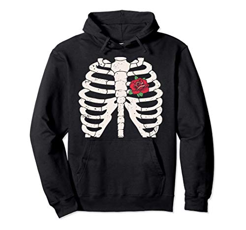 Skeleton Rib Cage Red Rose Heart Vintage Halloween Goth Cute Sudadera con Capucha