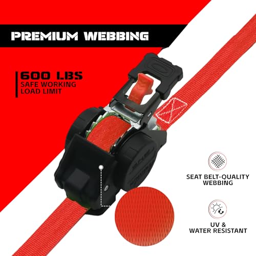 Image of Retractable Ratchet Straps 1 inch x 13Ft, Heavy Duty Self Retracting Tie Down Straps, 1800lb Break Strength Auto Retract Cargo Straps for Truck, Trailer, Motorcycle, ATV, UTV, (Red, 2 Pack)