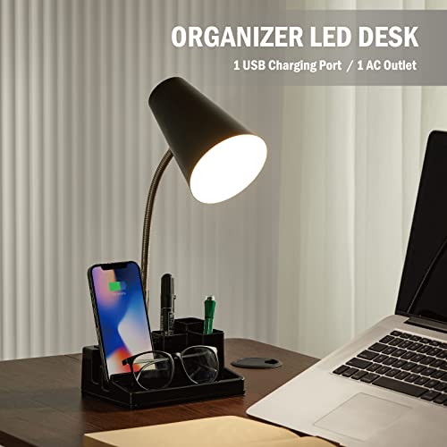 E26 Led Desk Lamp With 1 Usb Charging Port And 1 Ac Outlet, Organizer Base, Adjustable Neck, On/Off Switch, Modern Table Lamp For Reading, Working, Studying, Gentle Warm White Light, Eye Protect #TOP1