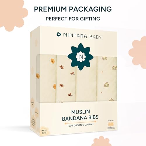 NINTARABABY Bandana Bibs – 100% Organic Muslin Cotton, 7-Layer Absorbent for Drooling, Teething & Feeding, Soft & Hypoallergenic, Adjustable Snap Buttons, Reversible, Baby Gift Ages 0–3, Pack of 4 - Image 5