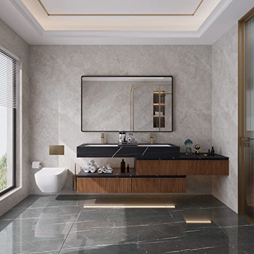 Iskm Large Black Framed Mirror For Bathroom 60" X 36" Wall Mounted Mirror Black Metal Framed Bathroom Mirror For Wall Round Corner Hangs Horizontal Or Vertical #TOP4