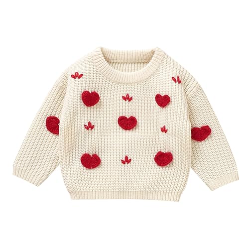 Toddler Baby Girl Boy Knitted Sweater Valentines Day Outfit Love Heart Sweet Long Sleeve Sweaters (Beige, 9-12 Months)
