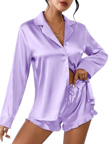 Image of Ekouaer Womens Satin Pajama Sets Long Sleeve Top and Shorts Lounge Set Button Down Sleepwear