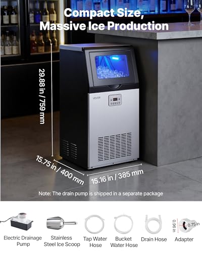 Image of VEVOR Commercial Ice Maker Machine with Pump, 120 lbs /24h with 30 lbs Storage Capacity, Built-in /Freestanding /Under Counter, Stainless Steel Ice Maker with LED Display & Self-Cleaning, for Home Bar