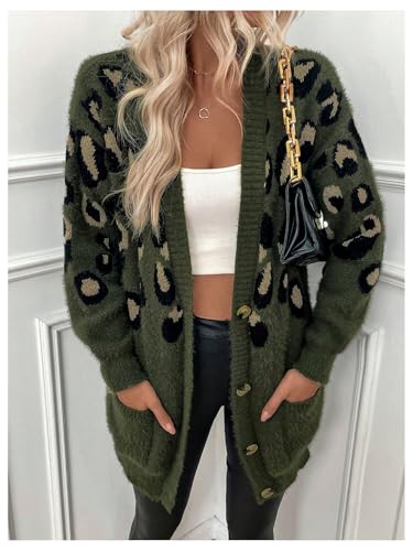 Women's Leopard Cardigan Sweater Button Down V Neck Long Sleeve Oversized Knitwear with Pocket4