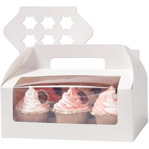 qiqee White Cupcake Box Six Holder 9.5x6.3x3.5inch 30pcs 6 Cupcake Boxes With Window Cover