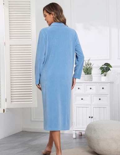 Viakeo Fleece Bademantel für Damen Reißverschluss Nachtkleid Lang Bathrobe Leichtgewicht Hausmantel mit Taschen S-3XL