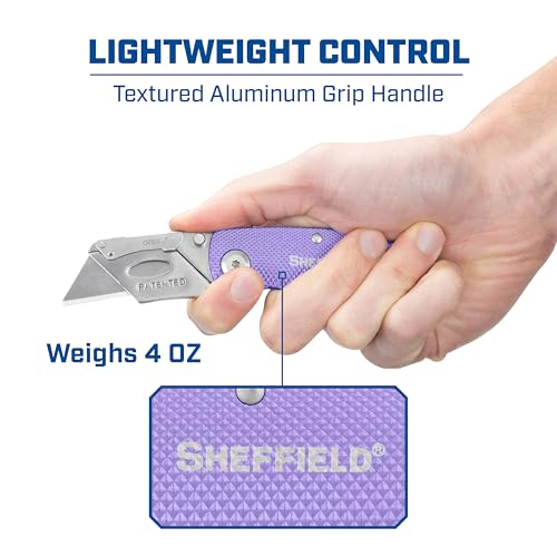 Image of Sheffield Lock Back Utility Knife 3 Pack with 10 Utility Knife Blades | Box Cutter with Aluminum Texture Grip Handle, Features Pocket Clip, Patented Quick Change Utility Blade Mechanism