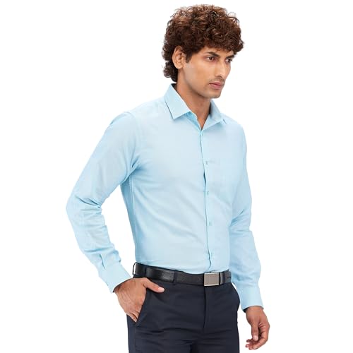 Image of Raymond Men's Slim Fit Structure Pattern Pure Cotton Semi Cut Away Collar Full Sleeve Formal Shirt