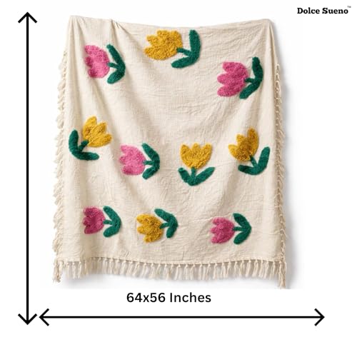Image of Boho Cotton Woven Throw Blanket with Floral Tufted Design, All Season Decorative Blanket for Bed and Sofa, Cream with Fringe, 163x142 cm