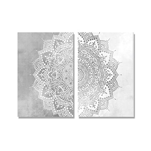 LXWWW Cuadro en Lienzo Bohemia Mandala Patrón Arte de la Pared Impresión Beige Gris y Blanco Póster Imagen Sala de Estar Decoración para el hogar Impresión 40x60cmx2pcs Sin Marco