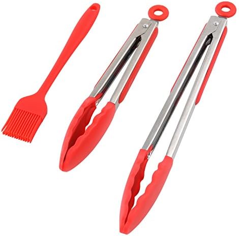 Food Tongs Set of 2 - 9,12 Inch, Stainless Steel Kitchen Tongs With a Silicone Brush Non-Stick Friendly, Strong Grip, Stainless Steel, Easy Locking