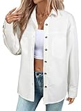 Sidefeel Women Denim Shirt Oversized Long Sleeve Button Down Blouse V Neck Trendy Western Shacket Tops White X-Large