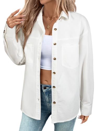 Sidefeel Women Denim Shirt Oversized Long Sleeve Button Down Blouse V Neck Trendy...