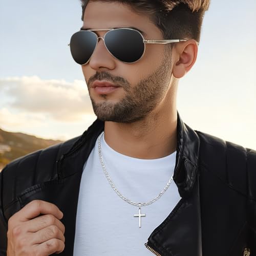 BWDIPCYC S925 Sterling Silver Beveled Edge Cross Necklace, 5mm Sterling Silver Figaro Link Chain for Men Women, Fashionable Men's Crucifix Pendant Chain Necklaces 30 Inch — view 4