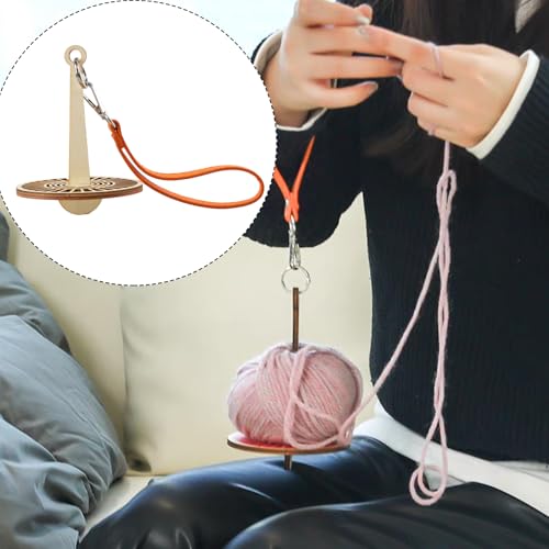 Image of Portable Wrist Yarn Holder - Orange Twizzling Yarn Organizer with Leather Wristband and Wooden Stand, Ideal Knitting Supplies & Crocheting Gift for Craft Enthusiasts