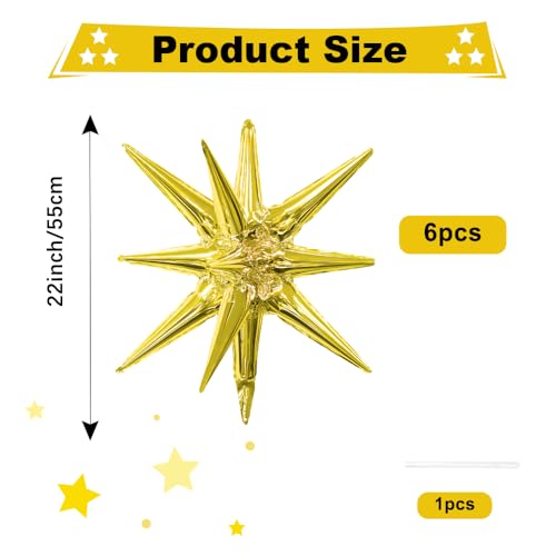 Image of Star Balloons, 6 PCS Gold Star Balloons 22 Inch Explosion Foil Mylar Balloon Starburst Balloon Cone Balloon for Bachelorette New Year Birthday Wedding Baby Shower Anniversary Graduation Party Decor