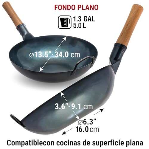 Miniatura 2 de Yosukata Sartén Wok De Acero Al Carbono 34 Cm Pre-Sazonado De Fondo Plano De Inducción Tradicional Sin Cobertura Química Compatible Con Cocinas De Gas Inducción Eléctricas Y Fuego Abierto
