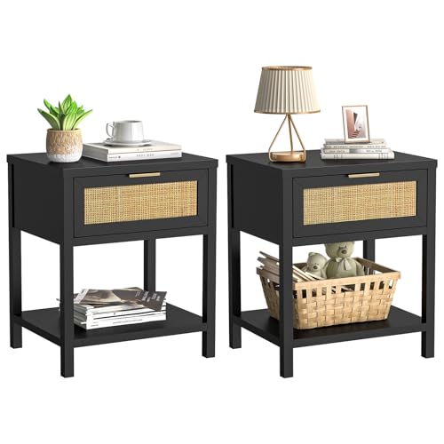 Skokliz Black Bedside Table Set of 2 - Rattan Nightstand with Drawer & Open Shelf, Mid-Century Modern End Table for Living Room, Boho Side Table for Bedroom & Small Spaces