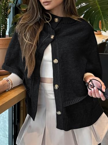 Image of Saodimallsu Womens Cropped Cape Cardigan Button Up Crew Neck Jacket Shawl Fall Trendy Knit Sweater