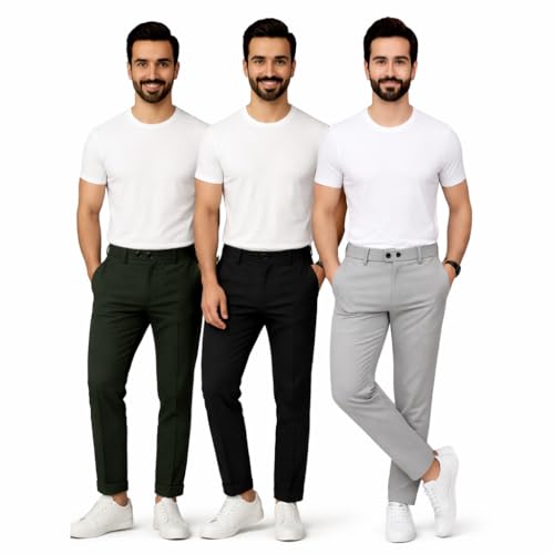 Image of Pack of 3 Trendy Formal Trouser Like Track Pant Black Light Grey and Olive Green Color Combo