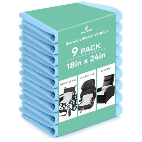 SOLOSHINE Bed Pads Washable Waterproof, 18" x 24" (9 Pack) Incontinence Bed Pads, Waterproof Chair Pads for Incontinence, Perfect for Car Seat, Sofa, Lift Chair, Wheelchair Cover