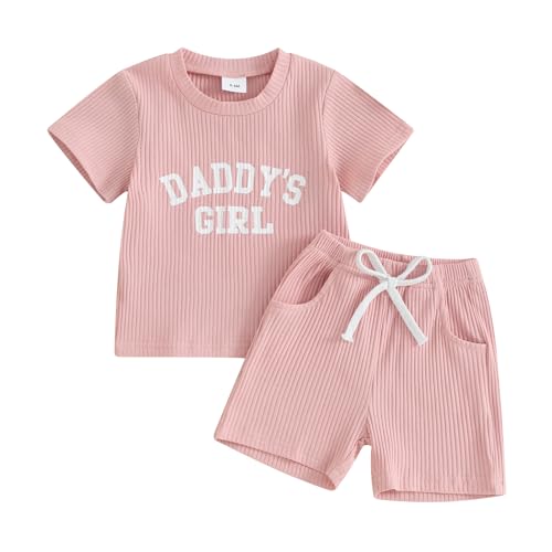 CREAIRY 2Pcs Newborn Baby Girl Outfits Daddy\'s Girl Knitted Short Sleeve T-Shirt Tops Shorts Pants Set Toddler Summer Clothes (Pink, 18-24 Months)