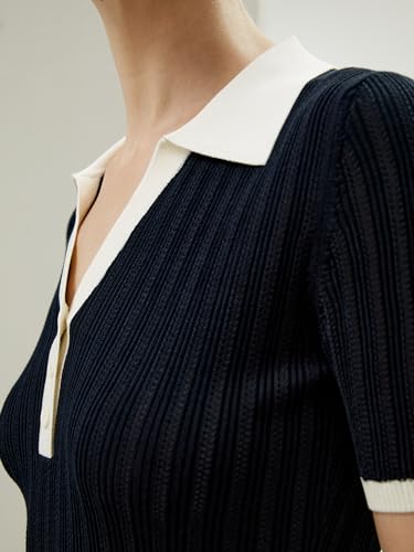 LilySilk 100% Spun Silk Pullover for Women Machine Washable V-Neck Ribbed Silk Knit Polo Top Tee Stretchable Slim4